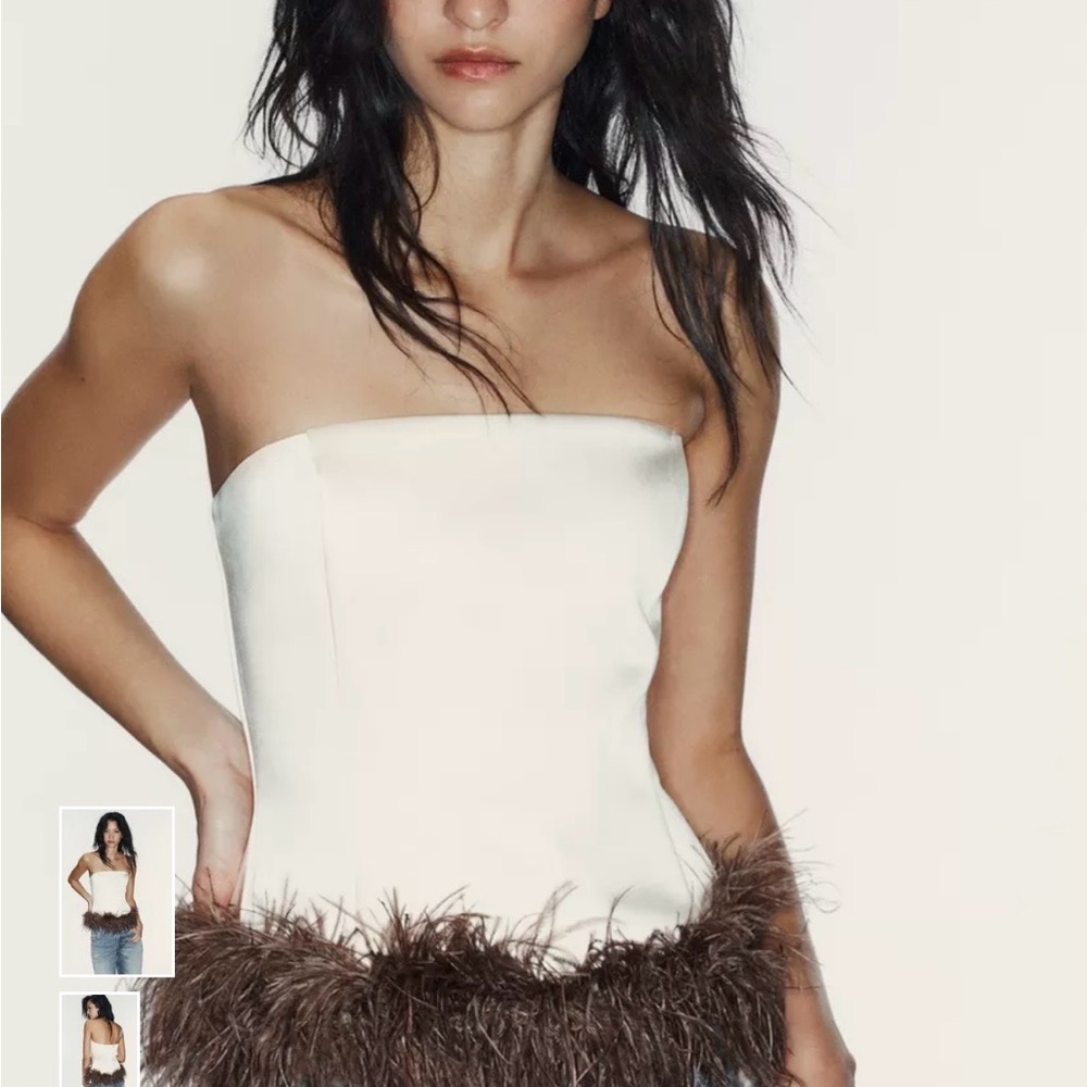 Zara Cream Strapless Top with Brown Feather Detail